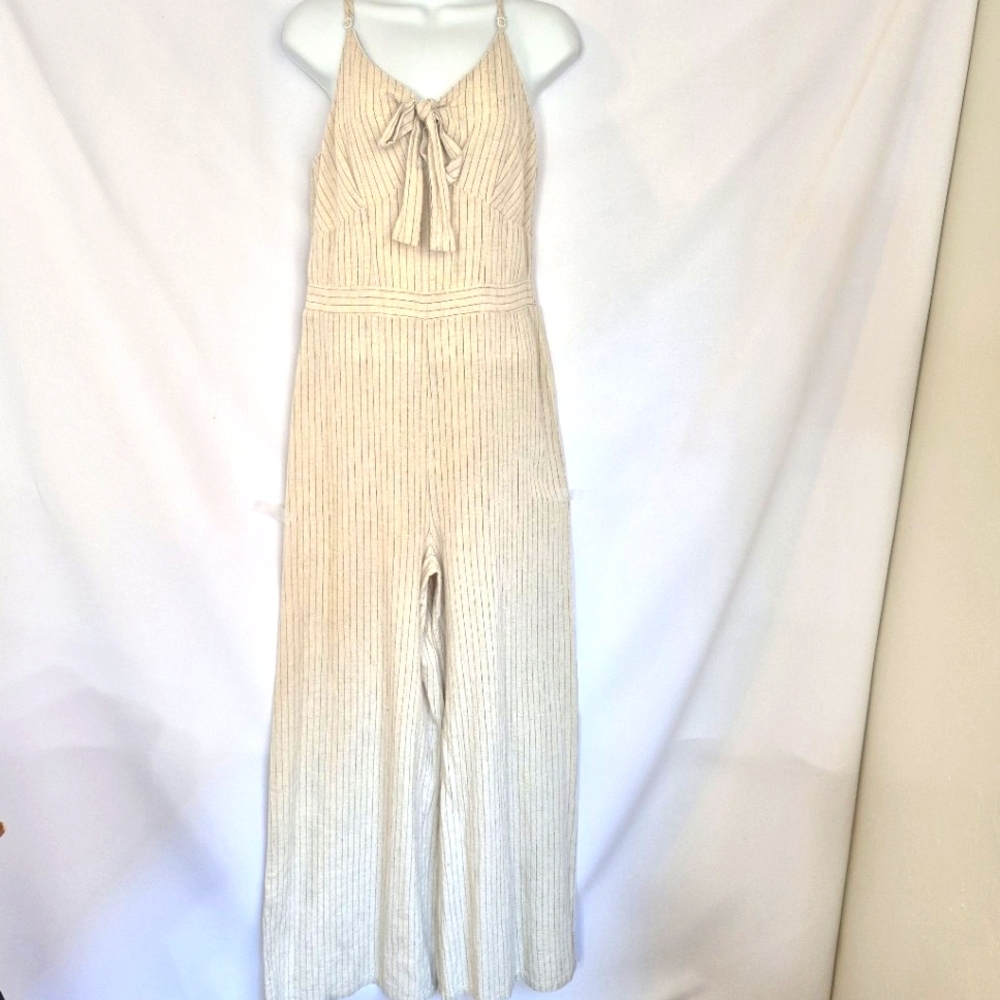 Japna Women's Linen Blend Cream & Black Pinstripes FLare Leg Jumpsuit Sz L